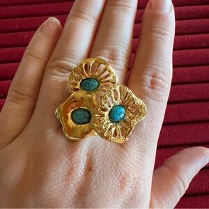 Gold Flower Statement Ring with Turquoise Accents - Women Jewelry